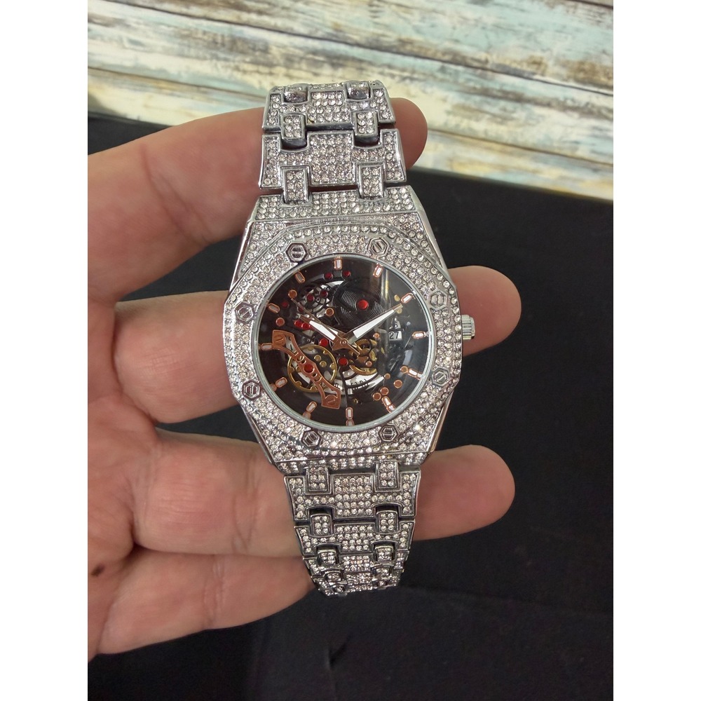 Iced Out Fully Flooded Skeleton Watch OS Silver Excellent Crystal Automatic Mens